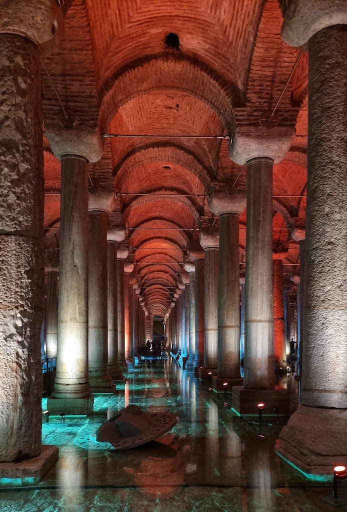 Interior of Basilica Cistern in Istanbul, Turkey